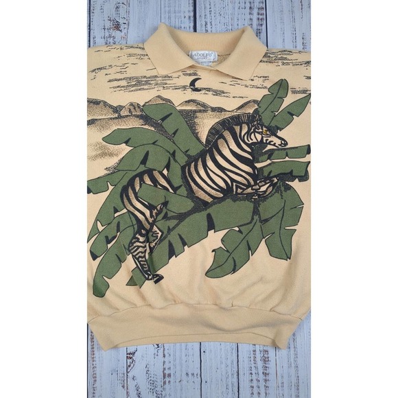 Vtg Adolfo Sport Zebra Safari African Desert Collared Sweatshirt Size Lg Nature - Picture 2 of 4